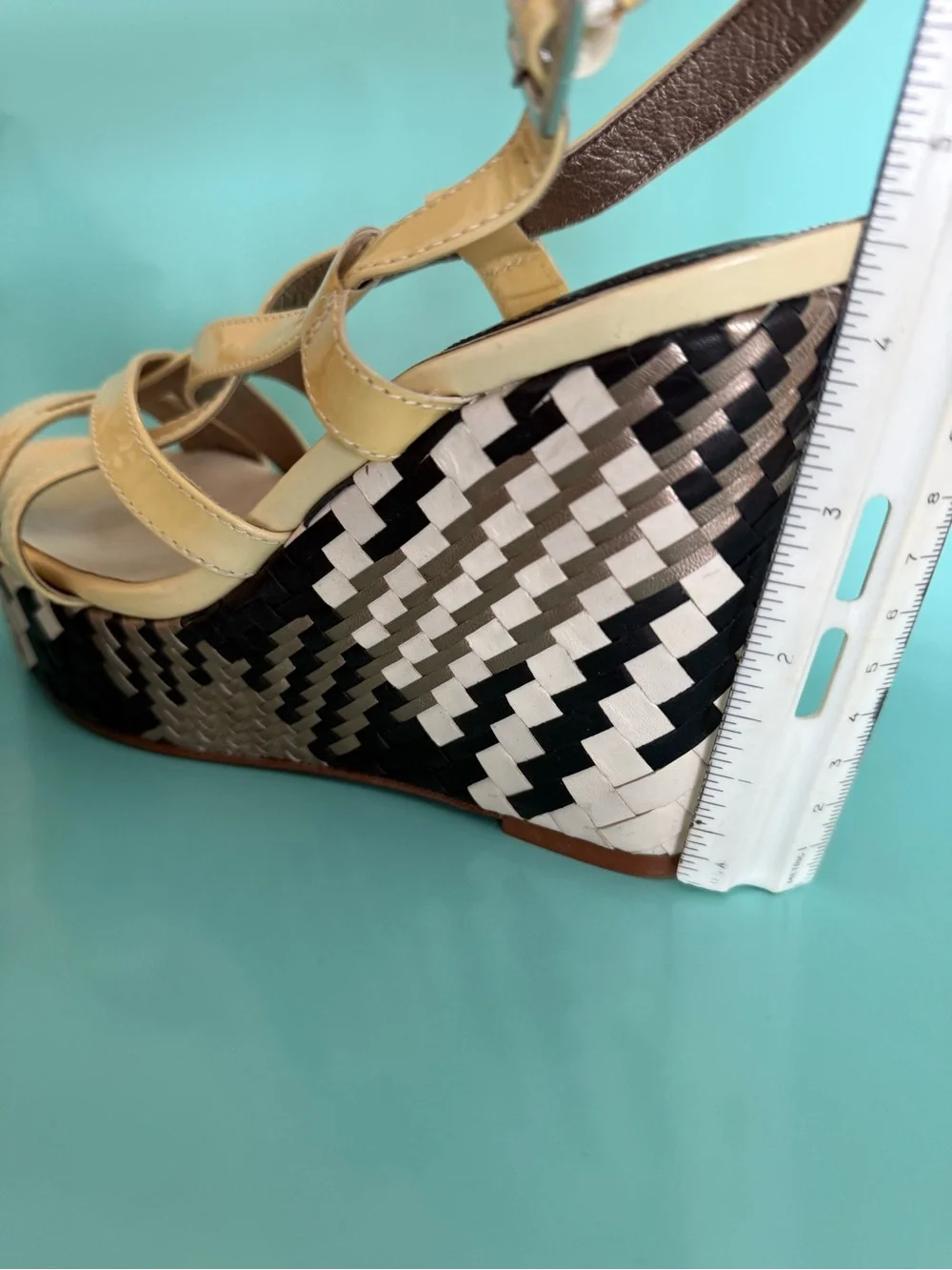 Cole Haan. Strappy Yellow Wedge Sandals with Black-and-White Woven Platform